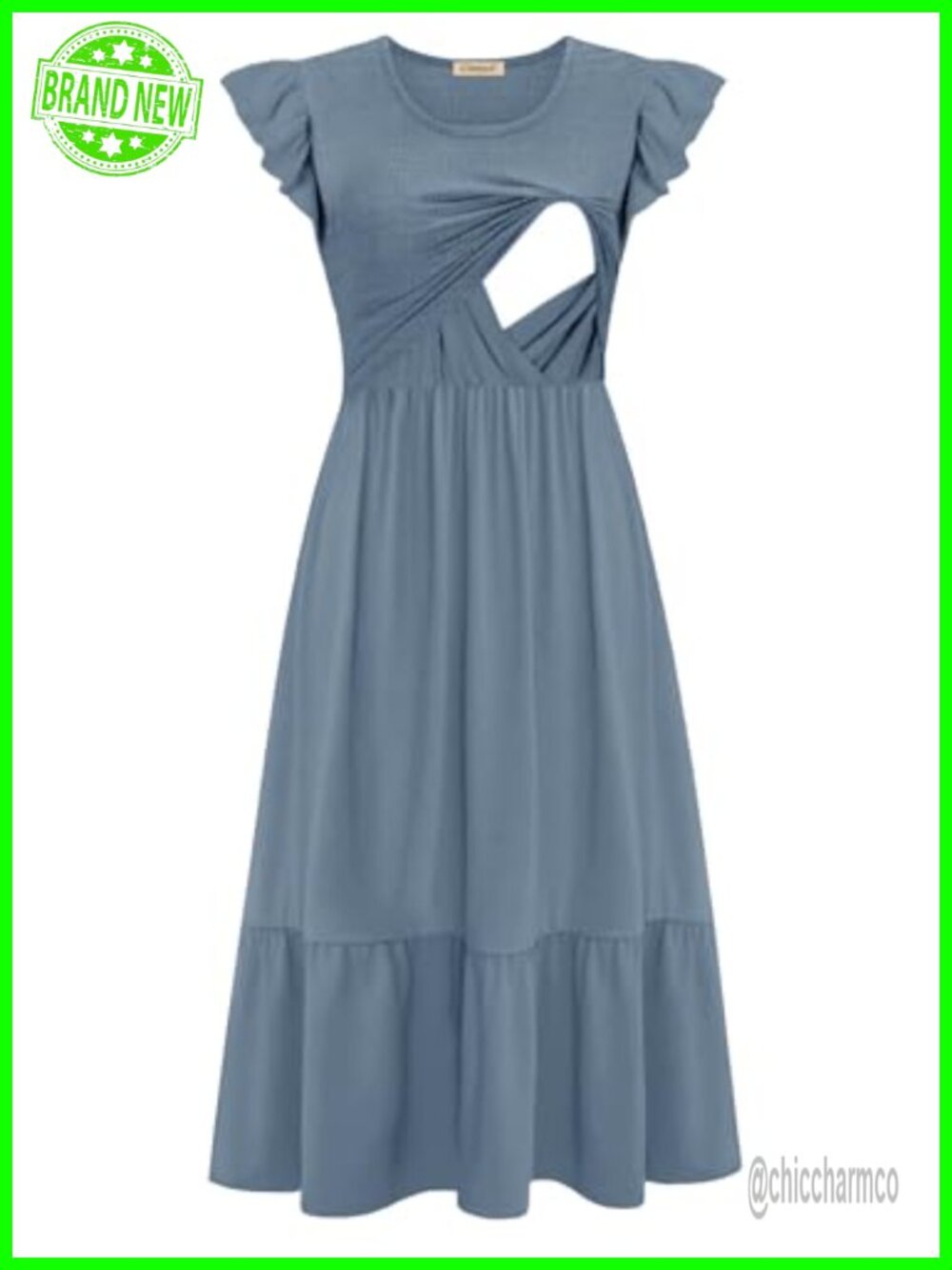Nursing Dress Flutter Short Sleeve Crew Neck Smocked Elastic Waist Tiered Midi - Picture 3 of 6